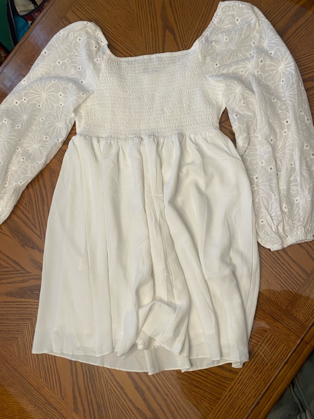 White Eyelet Puff-Sleeve Mini Dress - Picture 2 of 4